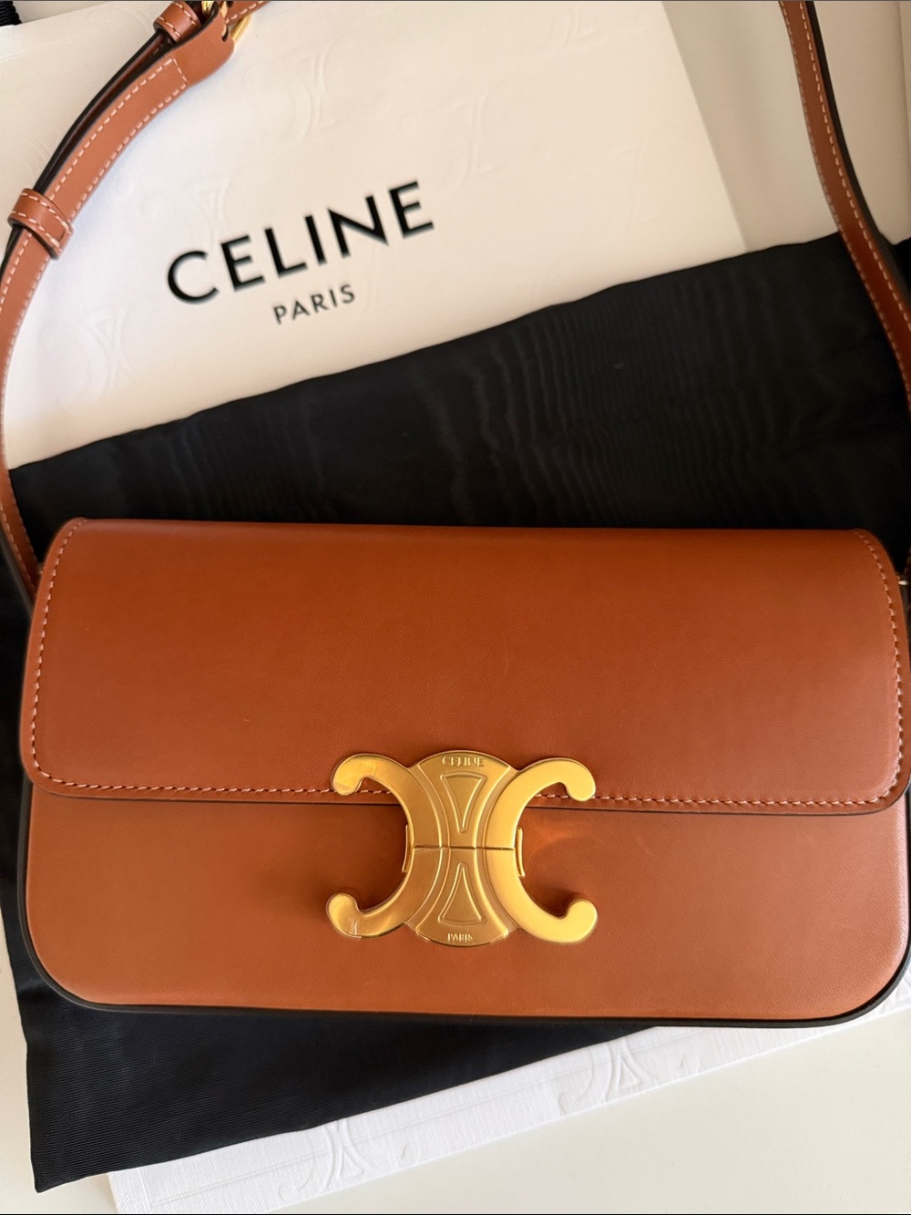 Celine Triomphe Claude Tan Calfskin Leather Shoulder Bag - Picture 2 of 12